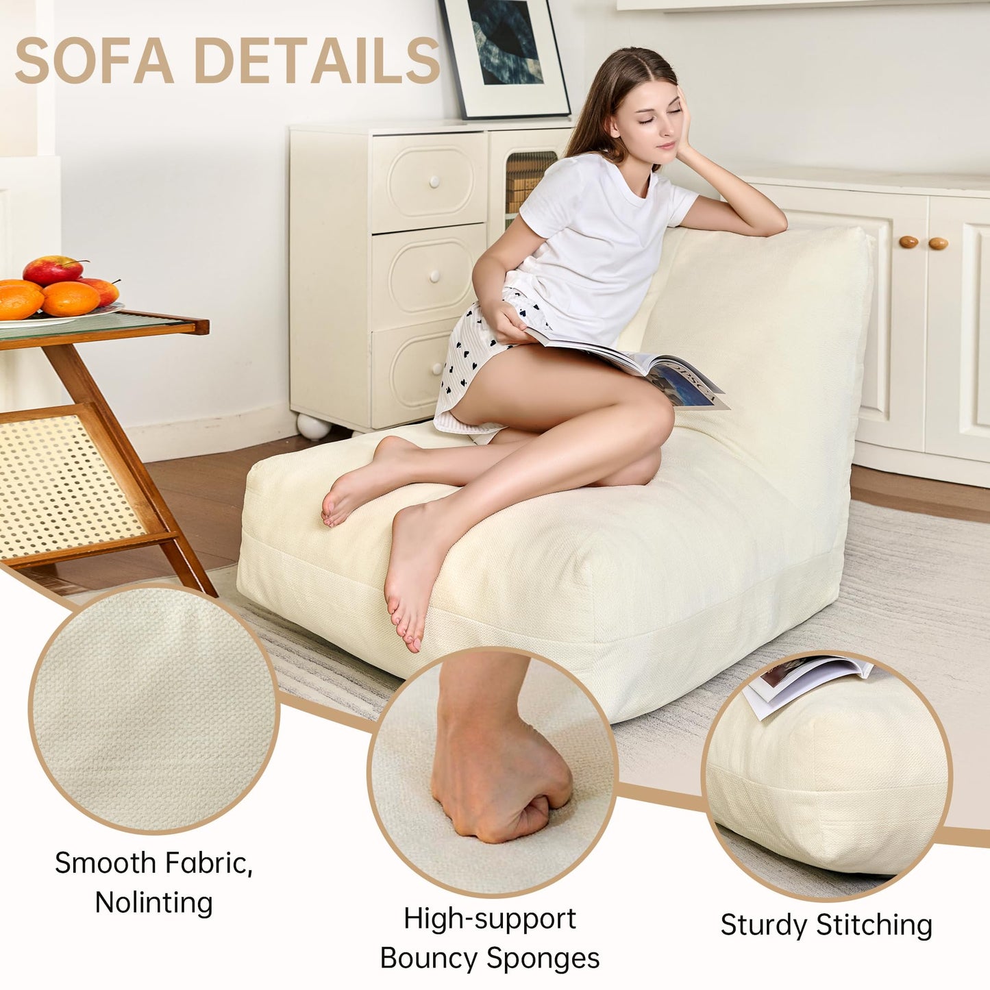 Stmoze Bean Bag Chairs for Adults, Memory Foam Bean Bag Chair, Spacious Single Sofa, Ergonomic Support Reading Floor Sofa Chair with Filler, Comfy Cozy Beanbag Couch for Bedroom Living Room (Beige)