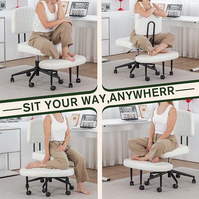 Ergonomic Cross Legged Office Chair with Wheels, Wide Seat and Backrest for Meditation, ADHD Cross Legged Office Chair with Adjustable Height, 360°Rotating Footrest for Yoga Home Office