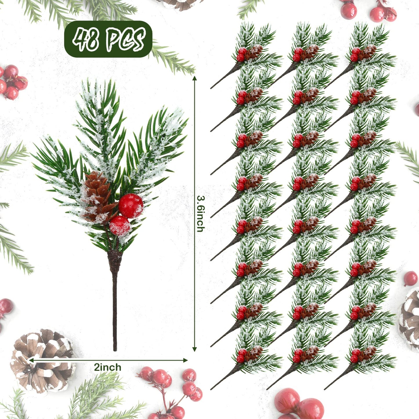 48 Pcs Christmas Picks and Sprays Christmas Tree Floral Picks Holly Red Berry Stems Spray for Crafts Artificial Faux Pine Branches Pine Cones Branches for Xms Tree Home Decor Garland Wreath (Fresh)