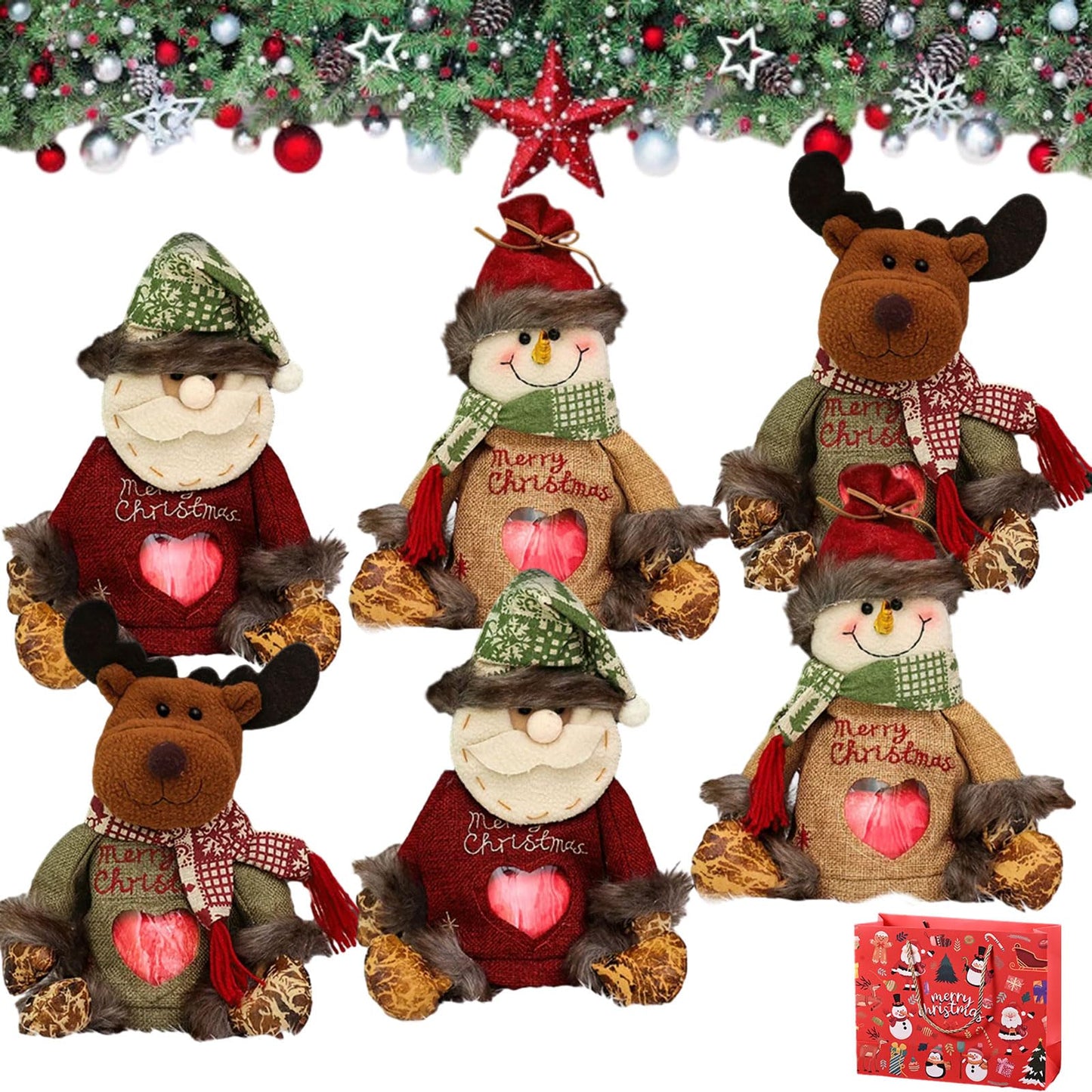 Yrcasu Christmas Gift Bags Zipper Design, Large Capacity Christmas Gift Bags, Reusable Christmass Gift Storage Bags - 3 Shapes (Snowman, Santa, Elk) for Chritmas Party Decor Candy and Gift (6Pcs Mix)