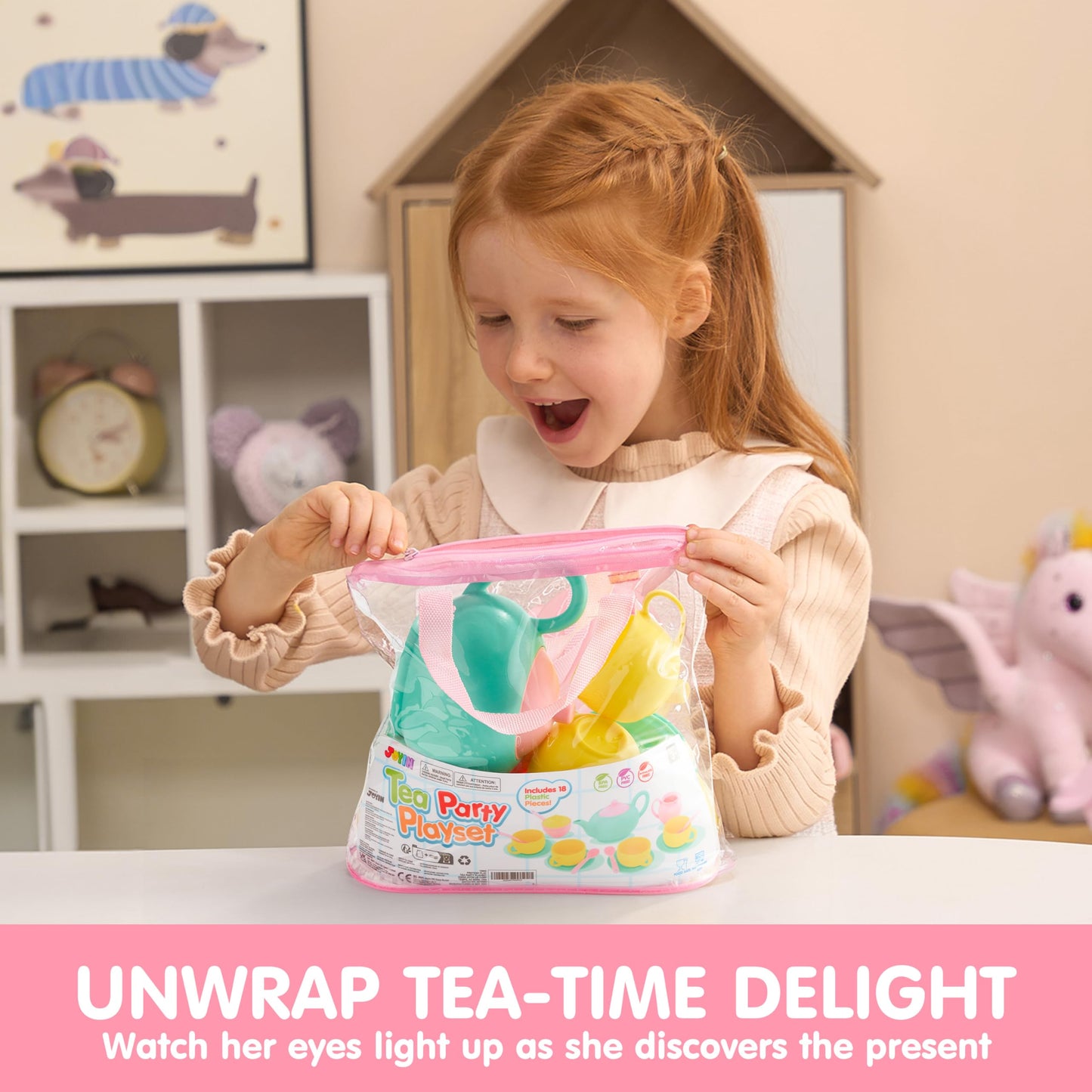 JOYIN 18PCS Pretend Role Play Tea Party Set Play Food Accessories BPA Free, Phthalates Free, Plastic Tea Set, Mini Kitchen for Kids, Gifts for Toddler Boys Girls Ages 3 4 5 6 Years Old