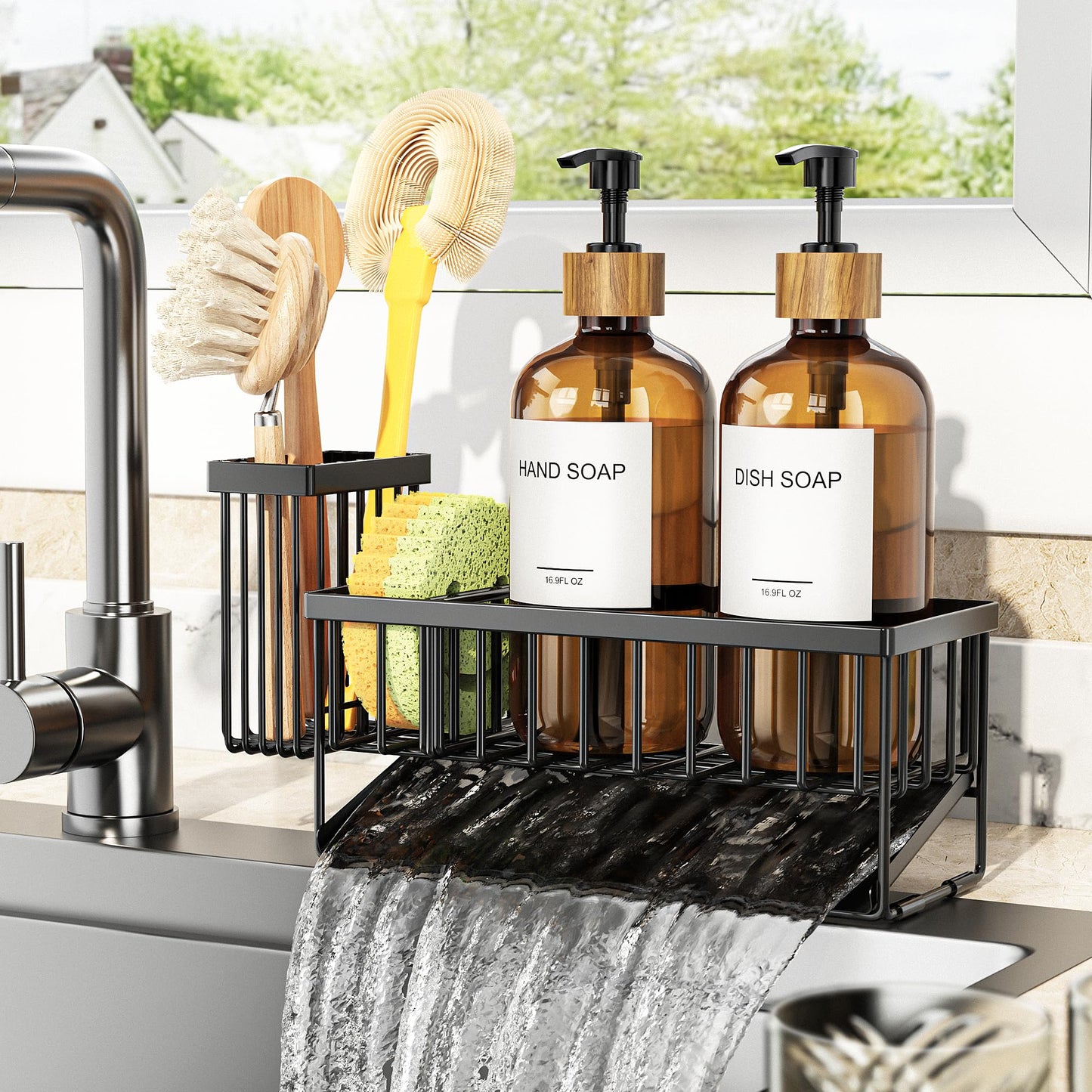Cisily Kitchen Dish Soap Dispenser Set with 2 Pack 16.9oz Amber Glass Bottle and Sponge Holder, Dish Soap Dispensers with Adjustable Sponge Holder, Vintage Hand and Dish Soap Dispensers Set