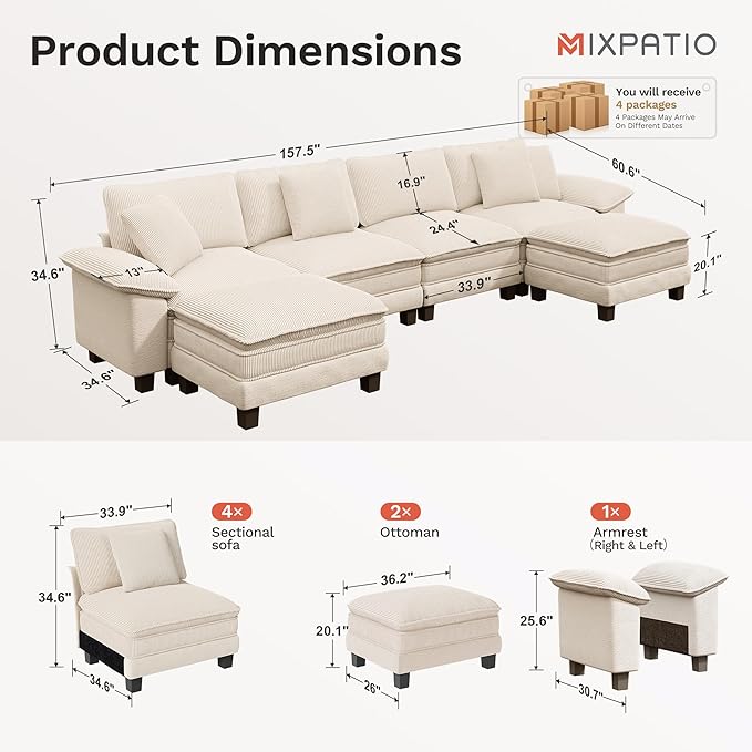 MIXPATIO 157-Inch U Shaped Sectional Sofa with Cloud Cushions, Deep Seat Modular Couch Set w/ 6 Seats & 2 Ottomans, Plush Chenille & Corduroy Upholstery for Living Room, Apartment - Beige