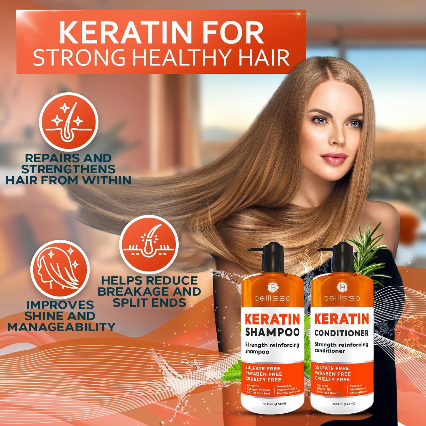 Keratin Shampoo and Conditioner Set - Sulfate Free and Paraben Free - Salon Thickening Treatment for Dry, Damaged, Curly, Frizzy