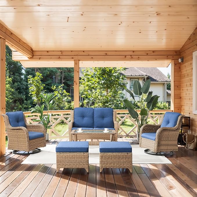 Belord Wicker Outdoor Furniture Patio Furniture Set - 6 Piece Patio Conversation Set with Swivel Rocker Chairs, Loveseat Sofa, Ottomans and Coffee Table, Blue Cushion