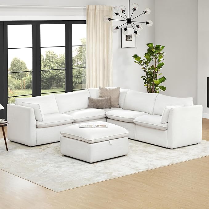 CHITA Luxury Oversized V-Shaped Sectional Modular Sofa, Premium Down Filled Cloud Couch, FSC Certified, 107''Width, 6 Seat and 1 Middle Corner for Living Room, Cream