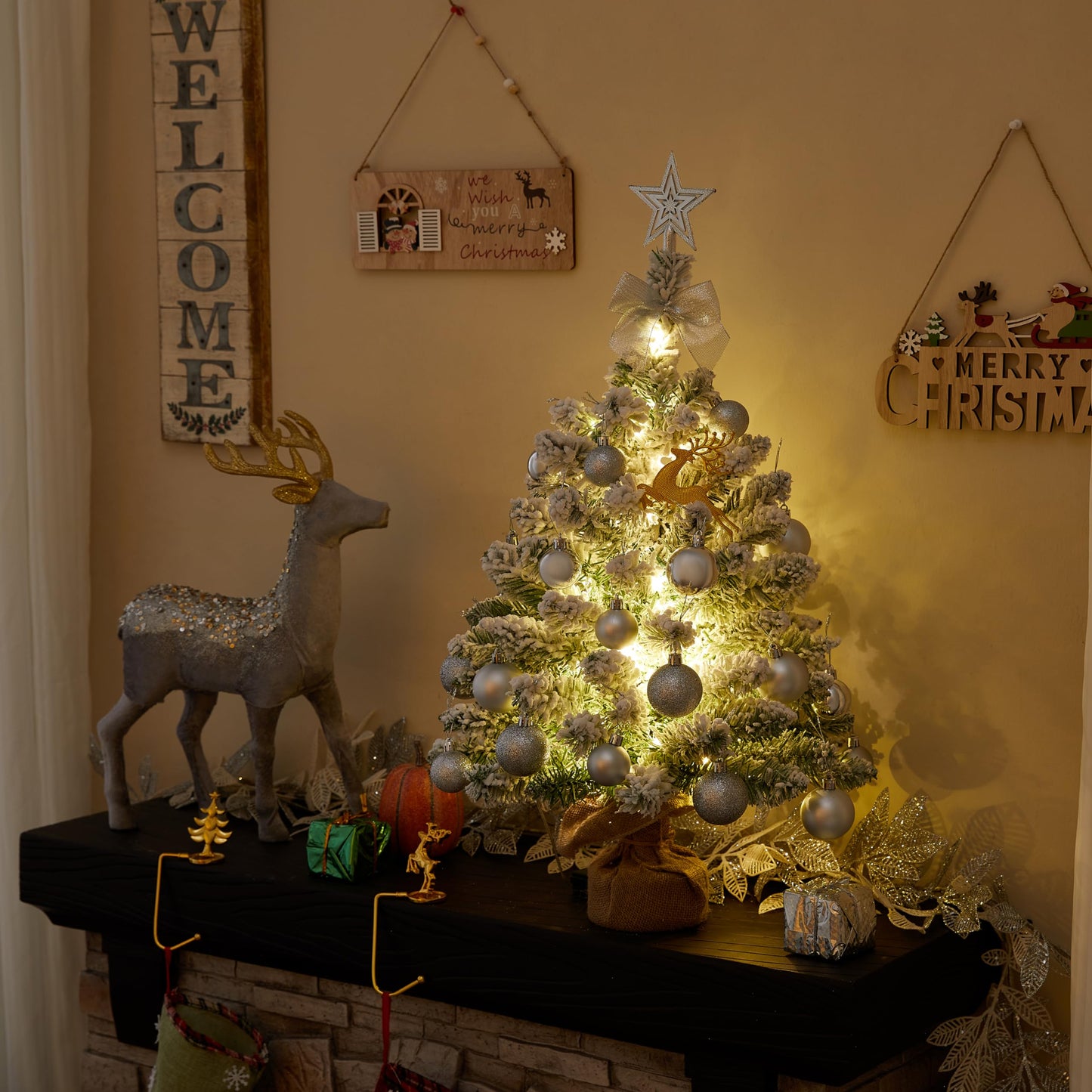 30 Inch Tabletop Mini Flocked Snow Christmas Tree, Artificial Xmas Pine Tree with LED String Lights, Gold Star Topper, Christmas Elk and Ornaments (White)