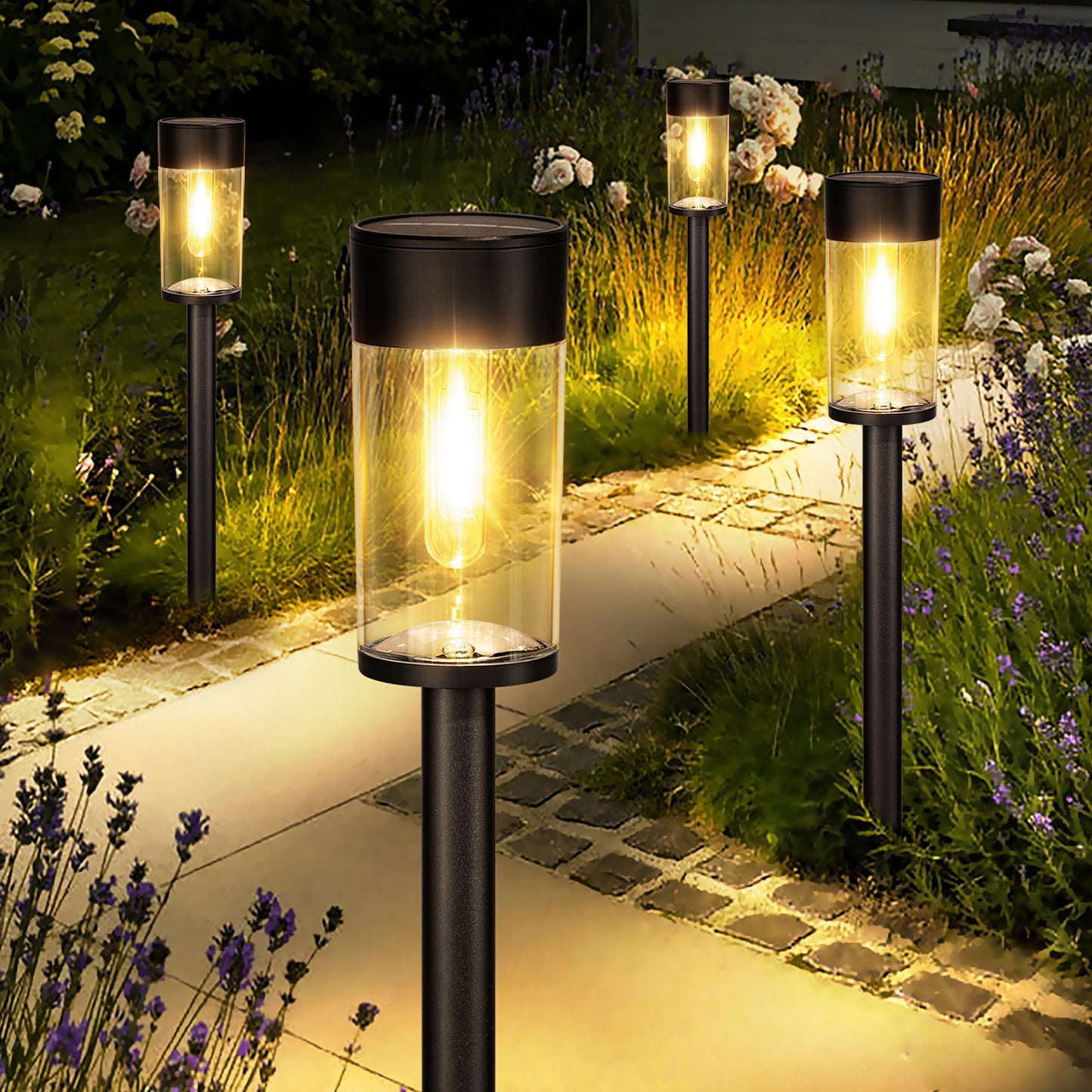 UME 8 Pack Solar Pathway Lights Outdoor, Bright Solar Garden Lights with Metal Design–IP65 Waterproof, Auto On/Off, 3000K LED Landscape Lighting for Yard, Lawn, Walkway, Driveway, Patio Decor