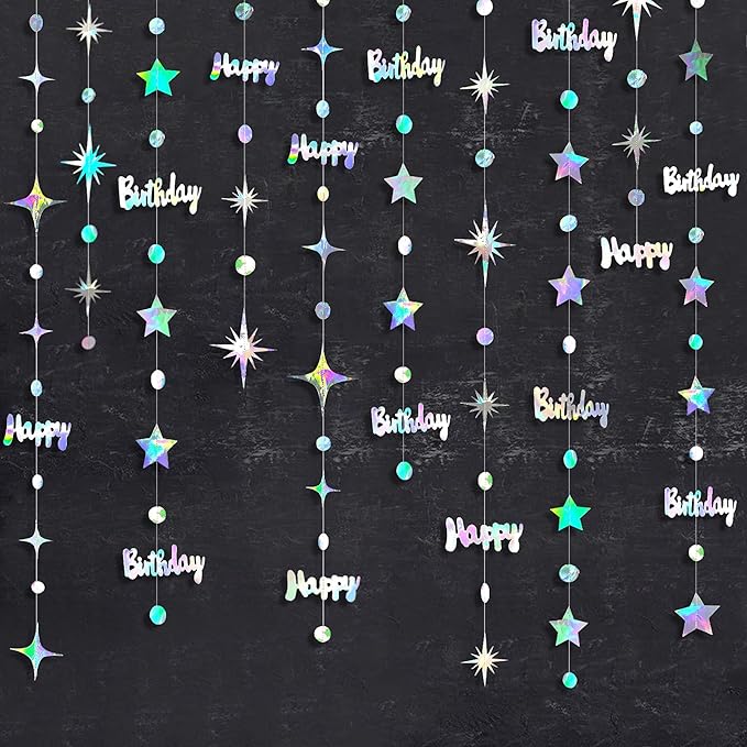 Iridescent Happy Birthday Decorations Happy Birthday Circle Dot Twinkle Star Garland Kit Metallic Holographic Hanging Stre...