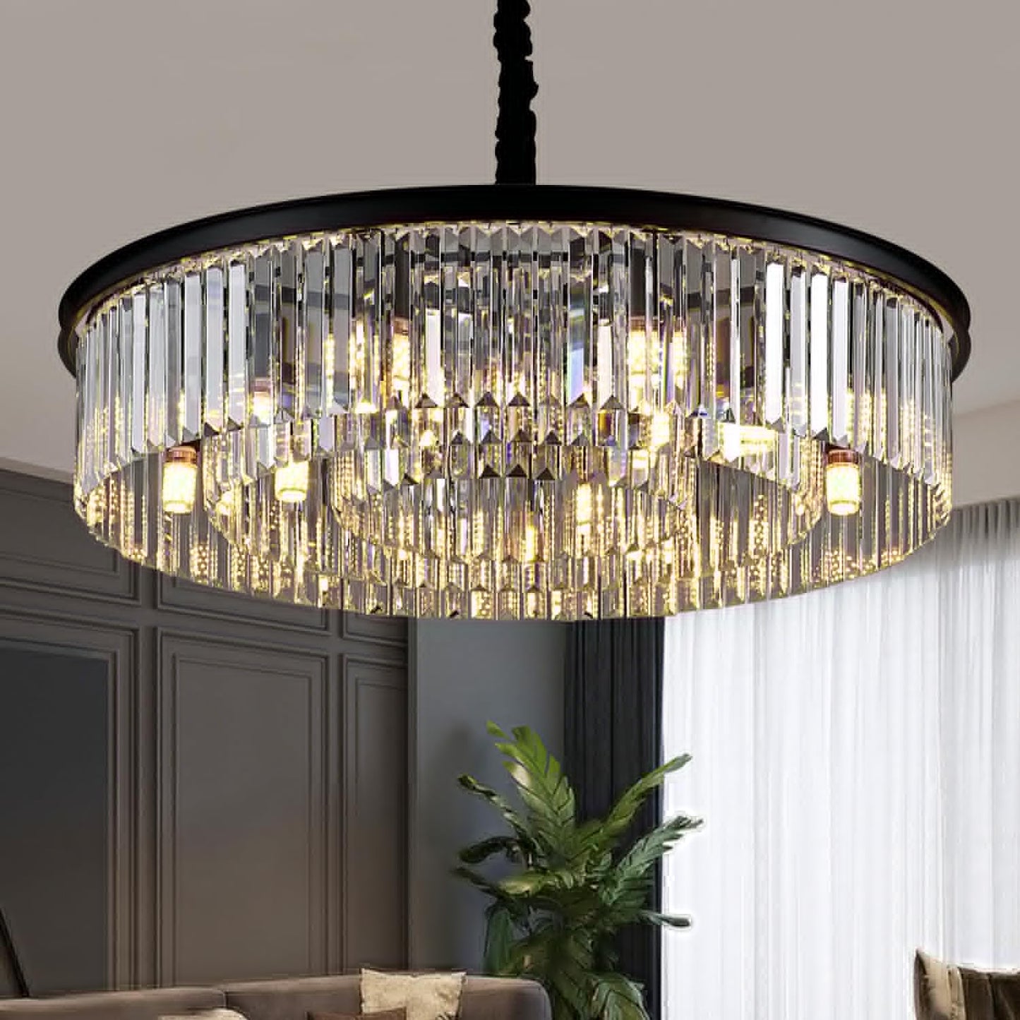 lighceac 31.5" 12-Light Modern Crystal Chandelier Light Fixtures 3 Rings Black Luxury Chandeliers for Living Room Glam Round Hanging Ceiling Pendant Lighting for Entryway Kitchen Bedroom Dining Room