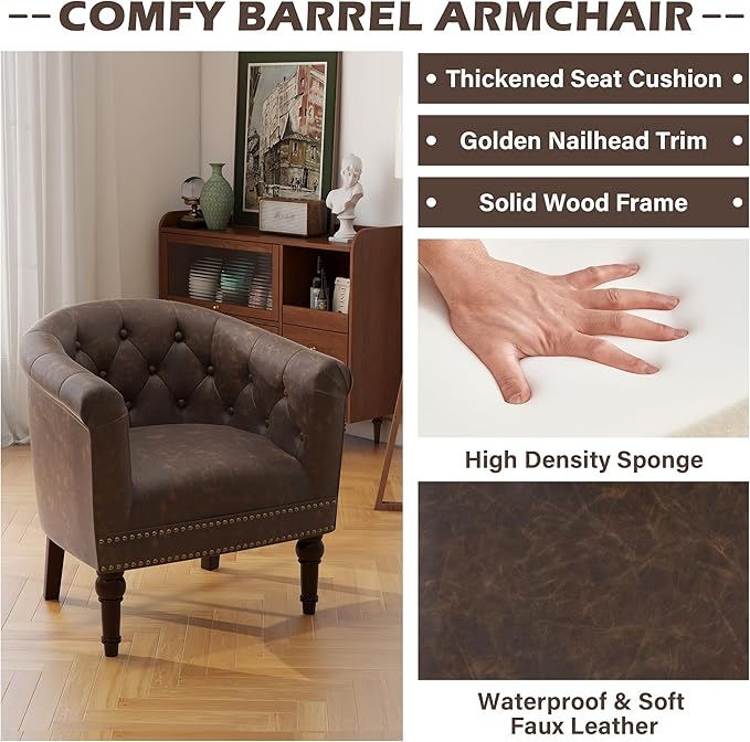 UIXE PU Leather Barrel Club Chairs Set of 2, Modern Arm Accnet Chair Comfy Upholstered Armchair, Nailhead Trim Living Room Single Sofa Reading Seat Bedroom Side Sitting for Office, Chocolate