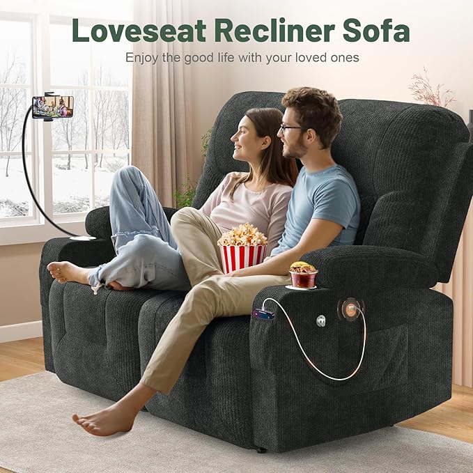 FURNIMAT Loveseat Recliner Sofa, 2 Seater Reclining Loveseat Sofa, Modern Fabric RV Loveseat Couch for Living Room/RV, with USB Ports, Cup Holders, Insert Pockets, Cell Phone Holders, Gray