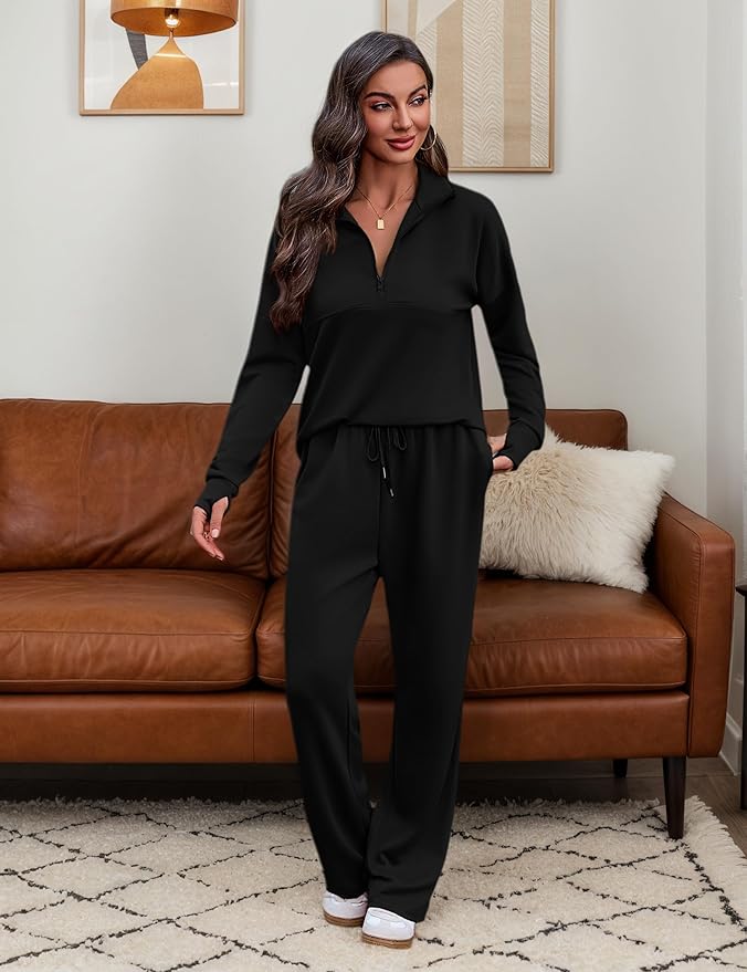 Totatuit Womens Sweatsuits 2 piece Set Lapel Half Zip Lightweight Sweatshirts and Wide Leg Pants Tracksuit Lounge Sets
