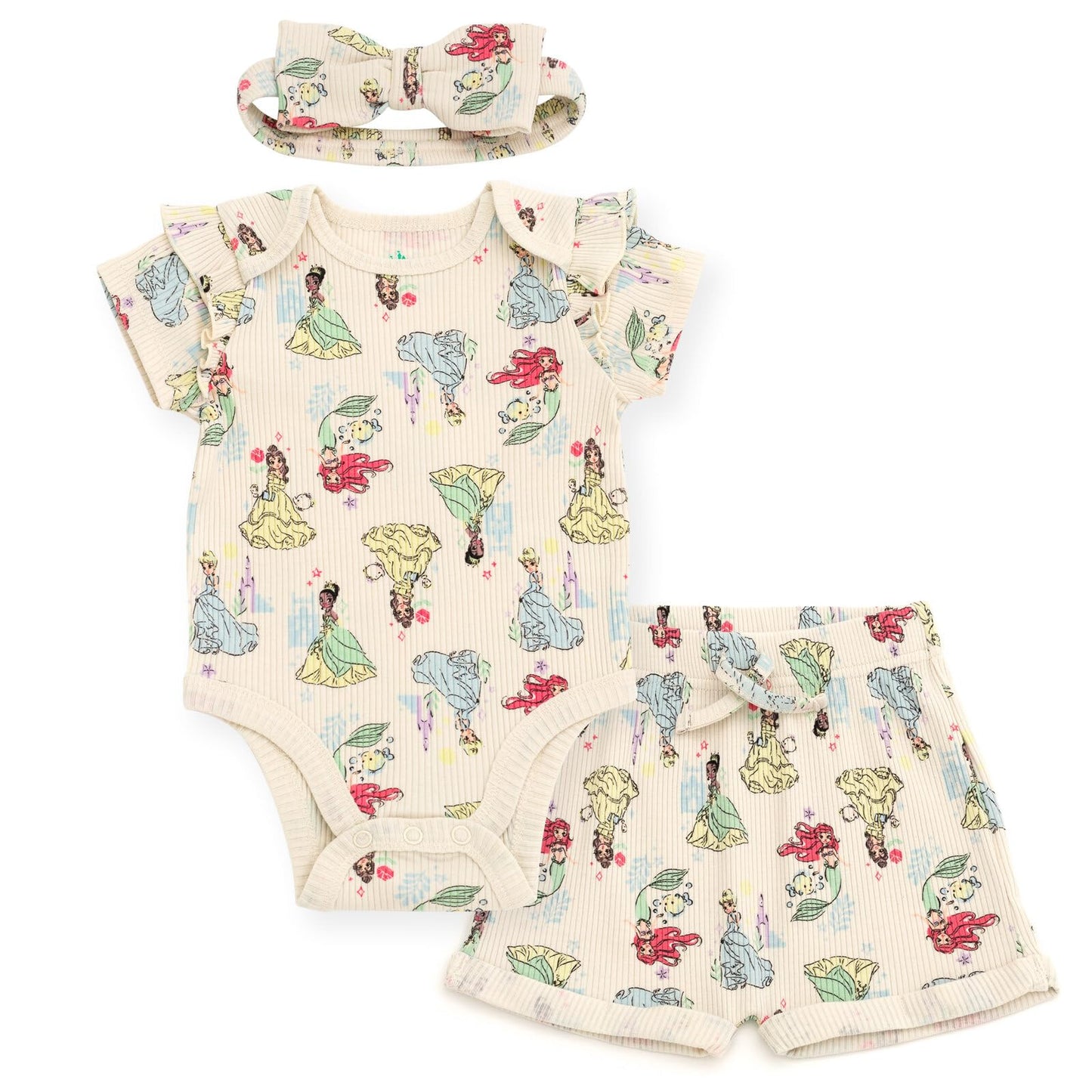 Disney Princess Newborn Baby Girls Ribbed Bodysuit, Shorts and Headband 3 Piece Outfit Set Beige Princesses 6-9 Months