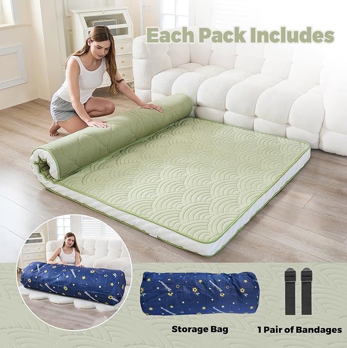 Zelladorra Japanese Floor Mattress, Quilted Futon Mattress with Anti-Slip Bottom, Foldable Floor Bed with Storage Bag and Straps, (Green, Queen)