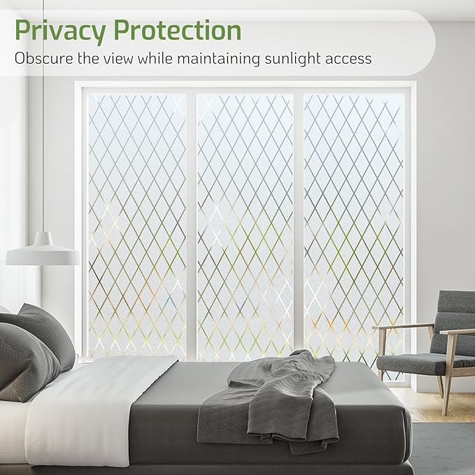 LUTE Frosted Window Privacy Film, Static Cling UV Sun Blocking Heat Control Window Cover, Removable Non-Adhesive Glass Sticker Vinyl Decorative Frosting Decals for Home Office, Lattice, 23.6" x 157.4"