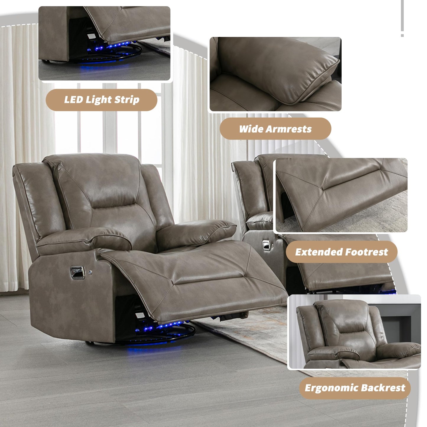 Merax 1 Seater 360° Swivel and Rocking Home Theater Recliner Manual Chair with a LED Light Strip for Living Room,Bedroom
