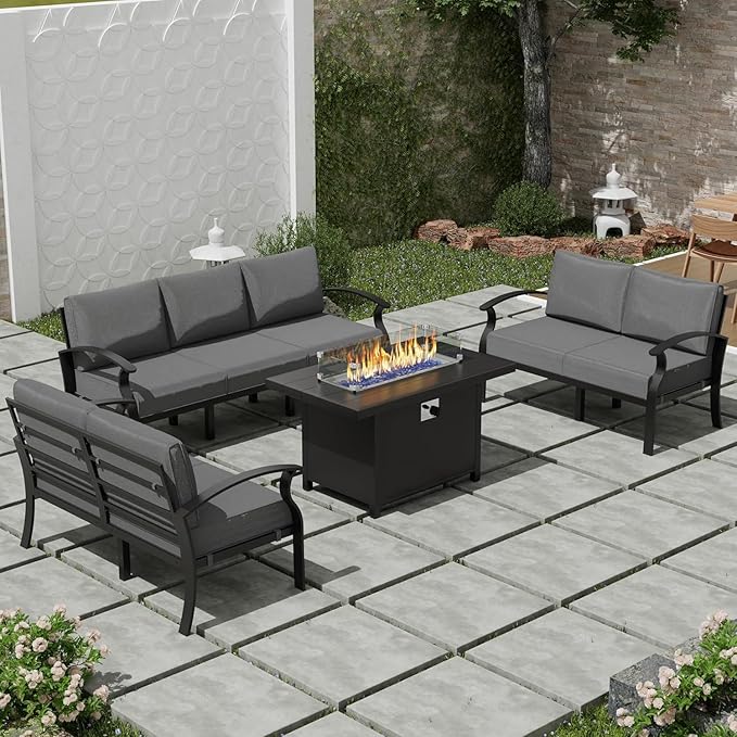 RTDTD Aluminum Outdoor Patio Furniture Set,4 Pieces 7 Seats Patio Conversation Sets with 45" Propane Fire Pit Table,Metal Patio Sectional Furniture Set w/5.1" Cushions for Porch,Deck,Backyard,Grey