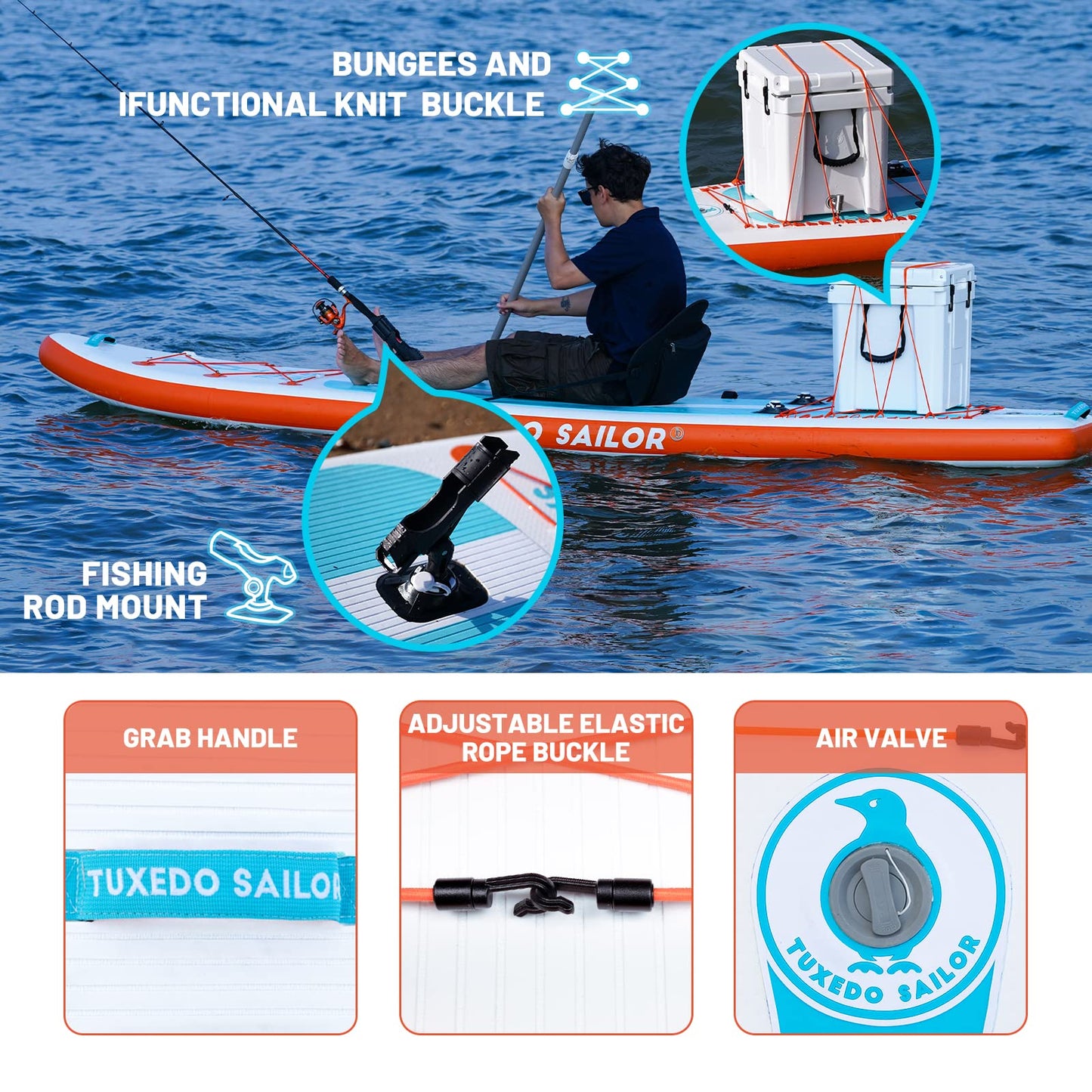 Tuxedo Sailor Large Size Inflatable Fishing Kayak 12'×34"×6" Ultra Long Stand Up Paddle Board Complete Accessories, Fishing Support Bases, Kayak Seat etc