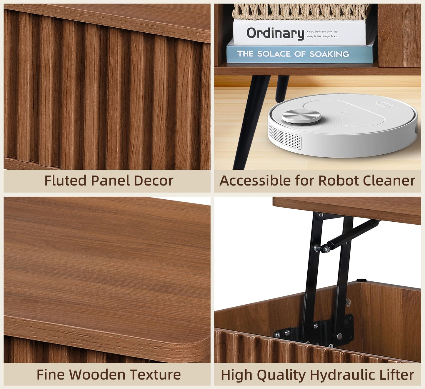 ZYBT Fluted Lift Top Coffee Table, 37.4" Wood Rustic Coffee Tables Square Center Table with Storage and Shelf Lifting Top for Living Room Apartment (Brown)