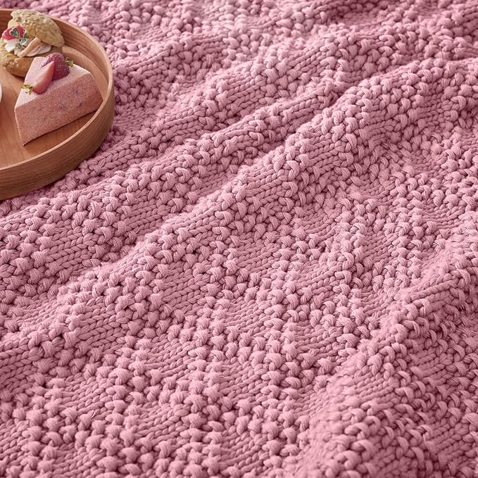 Knitted Weighted Blanket for Adult, Chunky Knit Weighted Throw for Sleep 48"*72" 12lbs, Cooling Breathable Heavy Blanket for Hot Sleepers, Machine Washable Blanket for Room Decor(Pink)