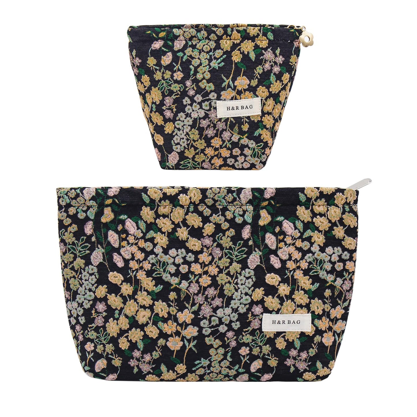 getgto 2 Pcs Makeup Bags, Large Cosmetic Bag Travel Toiletry Bag Organizer for Women, Embroidery Craft, Floral Makeup Bag Small Cosmetic Pouch Purse with Zipper Gifts for Girls Teen