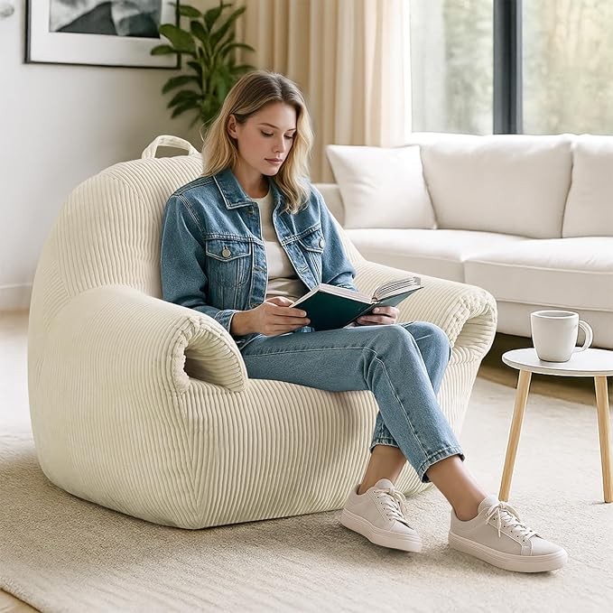 Peace nest Bean Bag Chair with Memory Foam Filled Ultra Soft Corduroy Cover for Adults Comfy Fur Bean Bag Chairs with Armrests for Bedroom Living Room Office Dorm Reading Beige