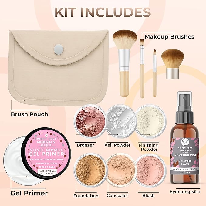 FLAWLESS COMPLEXION KIT (DEEP TAN) Full Size Mineral Makeup Set Matte Foundation Bare Face Sheer Powder Cover