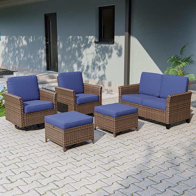 COOS BAY Harbor Retreat 5 Piece Outdoor Furniture Set, Patio Conversation Set with Swivel Rocking Chairs, 2 Seat Loveseat and Ottomans, Wicker Furniture, Brown/Blue