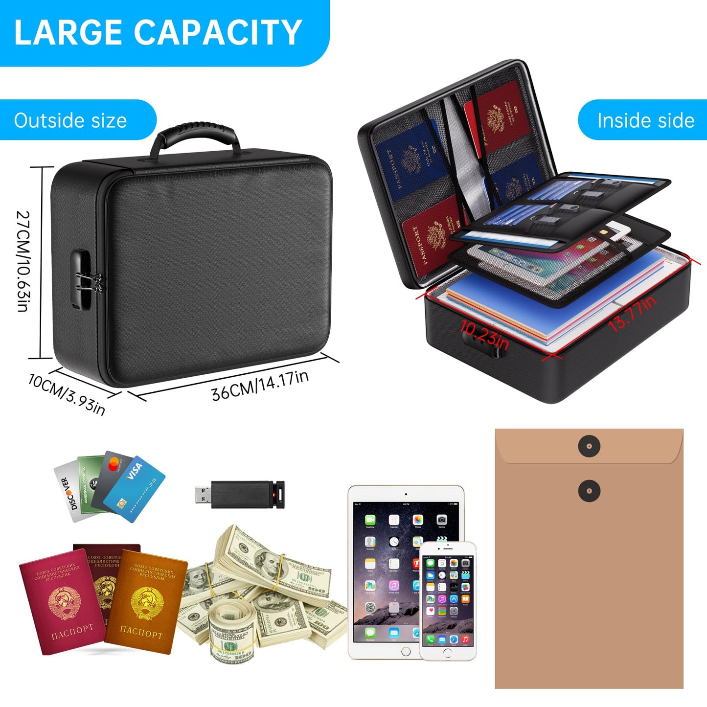 ENGPOW Fireproof Document Bag with Lock,File Organizer Set with Zipper Money Case,5 Layers Protection Fireproof Safe Storage for Important Documents,Passport,Laptop,14.2"*10.6"*4",Soft Case