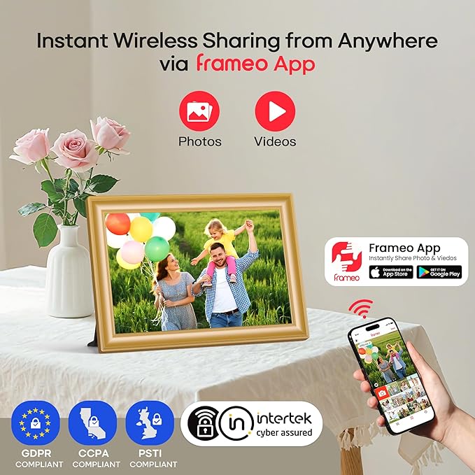 Frameo 10.1" WiFi Digital Picture Frame with 32GB Memory, 1280 x 800 IPS HD Touch Screen Electronic Photo Frame, Auto-Rotate, Slideshow, Wall Mountable, Share Photos/Video Remotely Anywhere