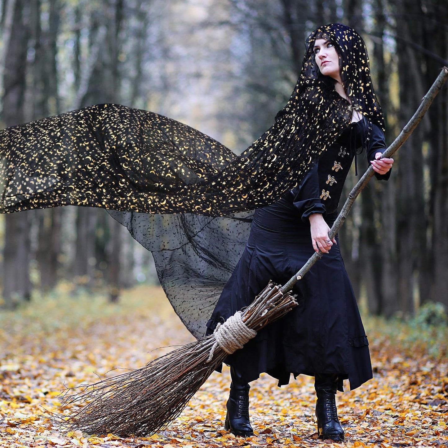 Geyoga Black Celestial Witch Cloak Halloween Stars Moon Witch Costume Tulle Cape Hooded Elf Cloak Gothic Costume for Cosplay