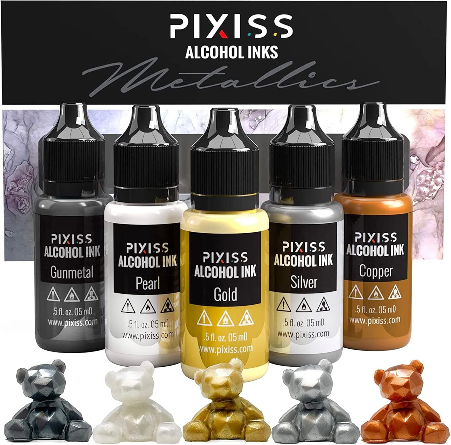 Metallic Alcohol Ink Set - Gold, Silver, Gunmetal, Copper, Pearl with Extreme Shimmer - Large 0.5 Ounce Inks