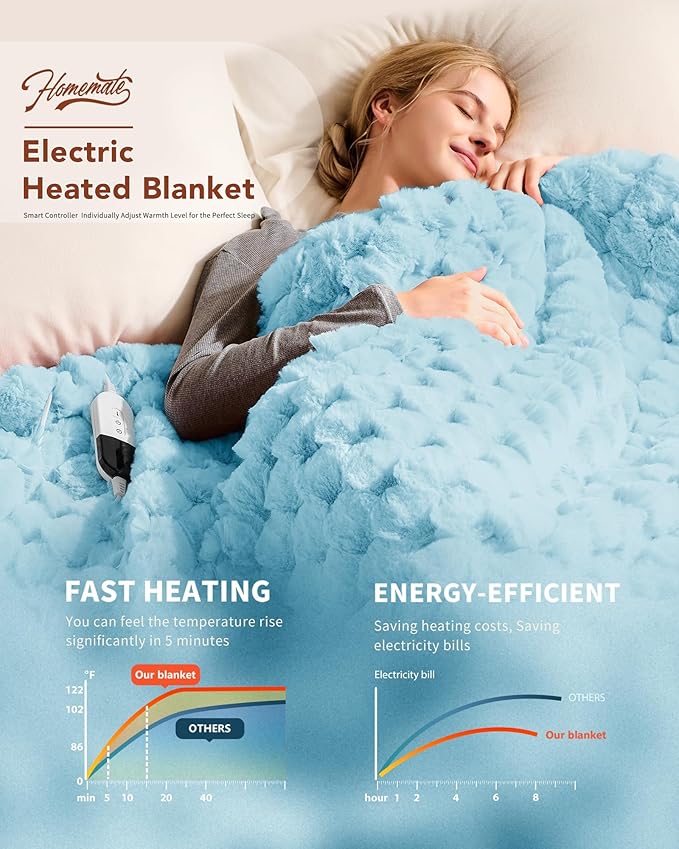 Homemate Electric Heated Throw Blanket - 50"x60" Luxury Faux Fur Heating Bed Blankets with 10 Heating Levels 8 Hours Auto Off Fast Heating Over-Heated Protection Ultra Soft Warm Flannel ETL Certified