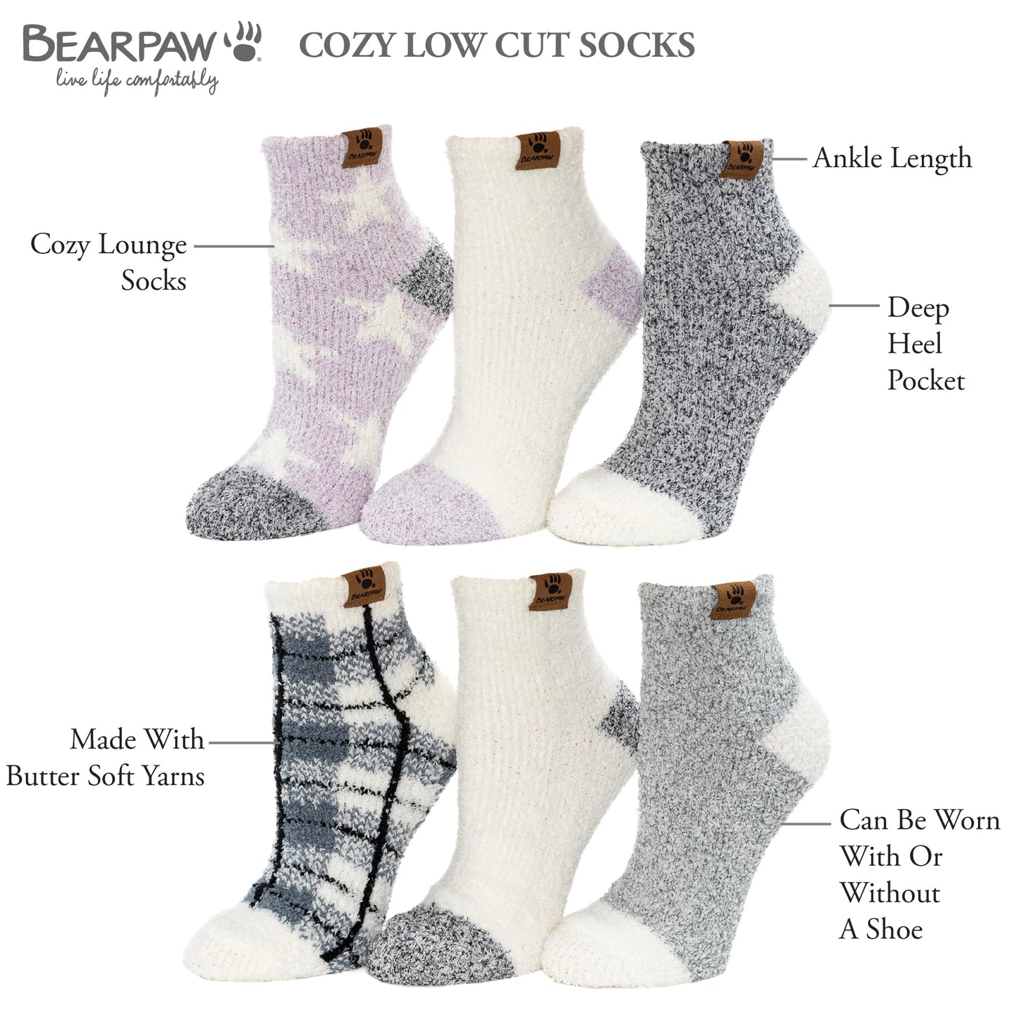 BEARPAW Ladies 6 Pair Pack Cozy Super Soft Warm Lounge Socks Multi Color Patterned Ankle and Low Cut Packs, Purple