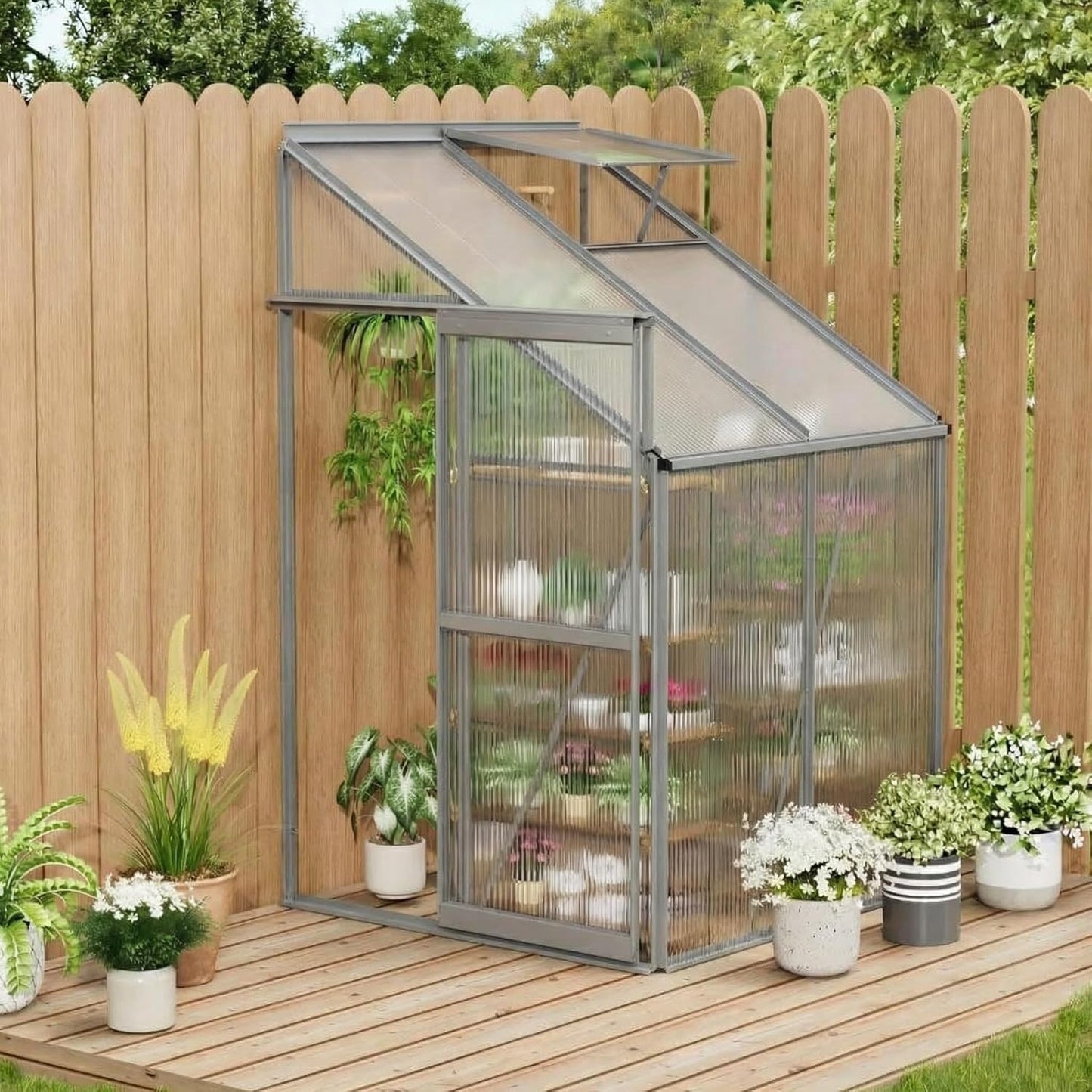 MilleLoom 4x4 Ft Greenhouse, Lean-to Polycarbonate Greenhouse with Quick Setup Structure, Roof Vent&Sliding Door, Aluminum Walk-in Green House for Outside Garden Backyard, Patio, Lawn, Silver