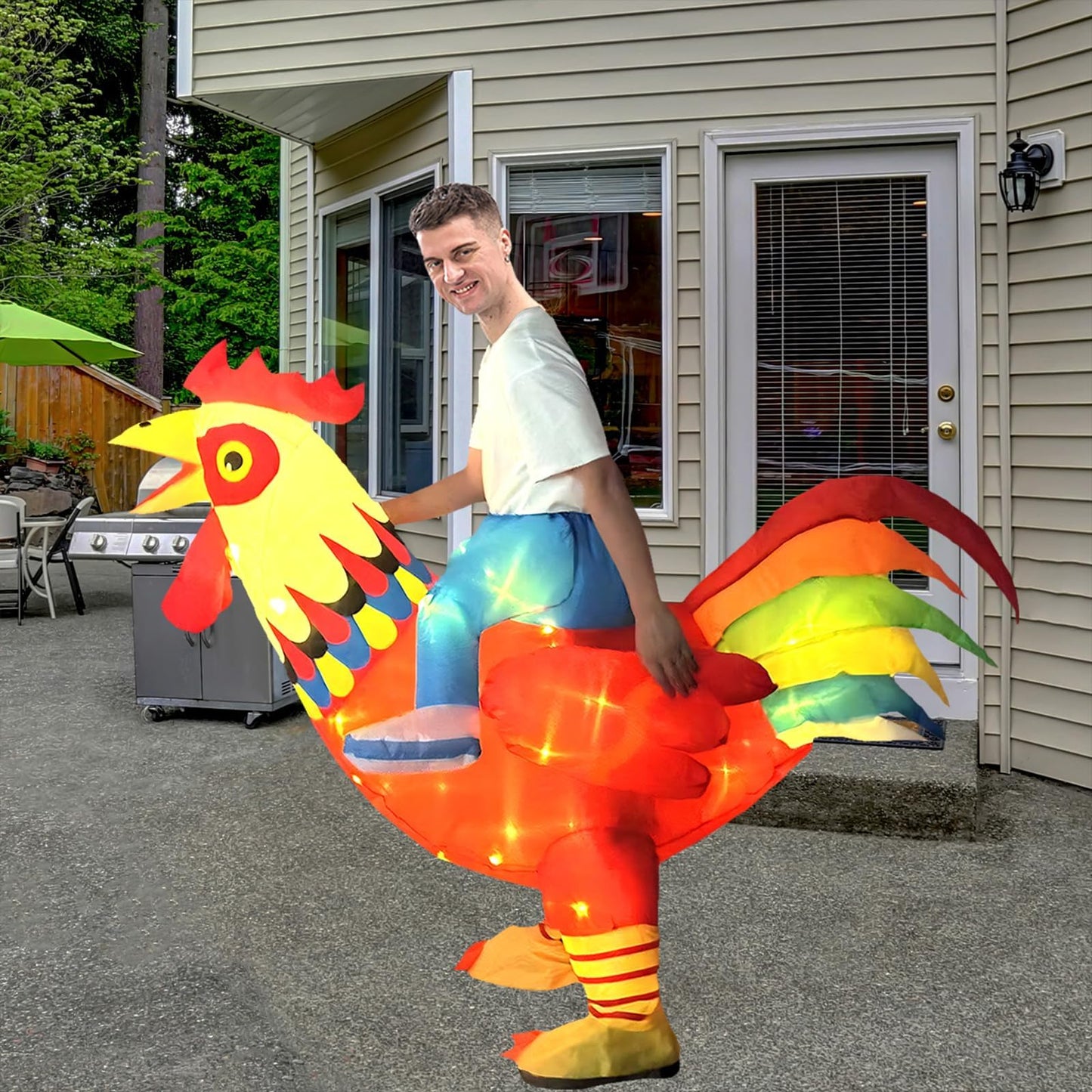 KINQUINN Inflatable Chicken Costume Adult with Lights, Funny Halloween Costume Ride on Rooster Costume for Party Christmas