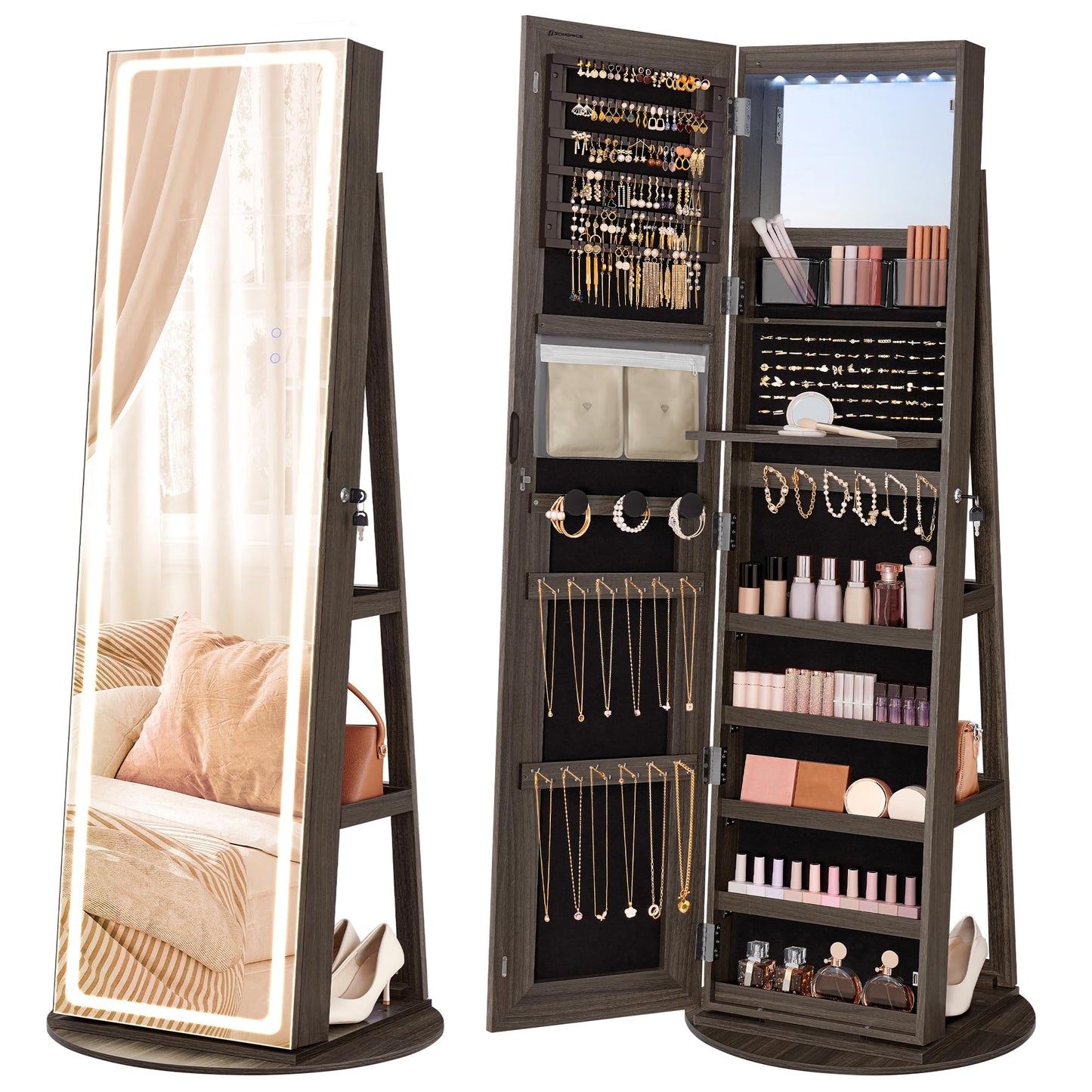 SONGMICS LED Jewelry Cabinet Standing, Lockable Armoire With Full-Length Mirror and Adjustable Lights, Space-Saving Organizer, Gift Idea, Ash Brown UJJC008K02