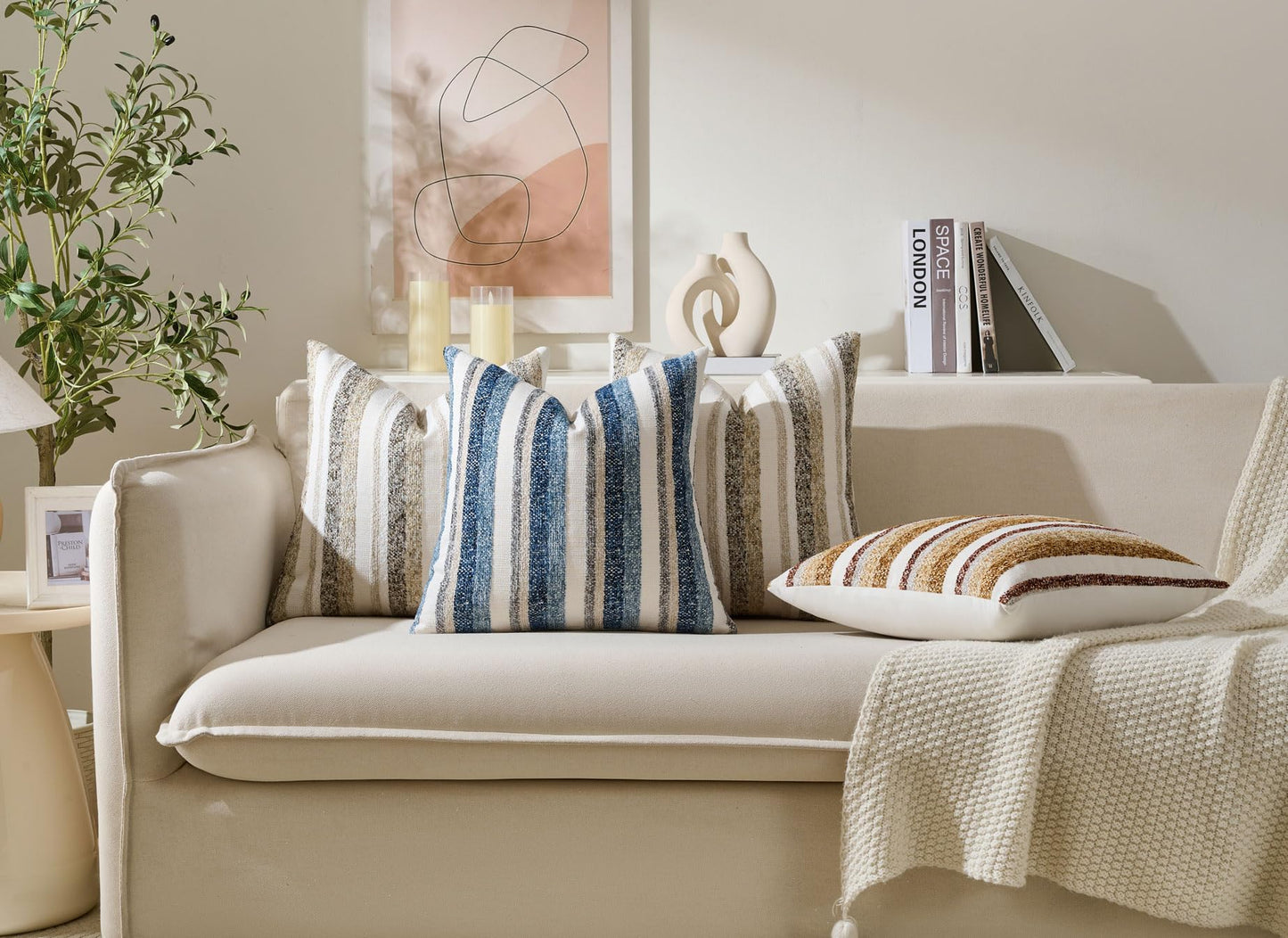 Zealax Modern Farmhouse Decorative Pillow Covers 18x18 Inch Boho Throw Pillows Neutral Soft Chenille Couch Cushion Covers, Set of 2 Velvet Striped Accent Pillows Cases for Sofa Bed Living Room, Blue