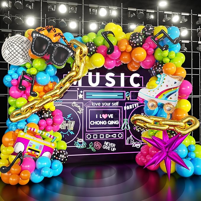 90s 80s Disco Theme Party Decorations, 171Pcs Balloon Arch Kit with Retro Disco Ball Radio Glasses Roller Skate Musical No...