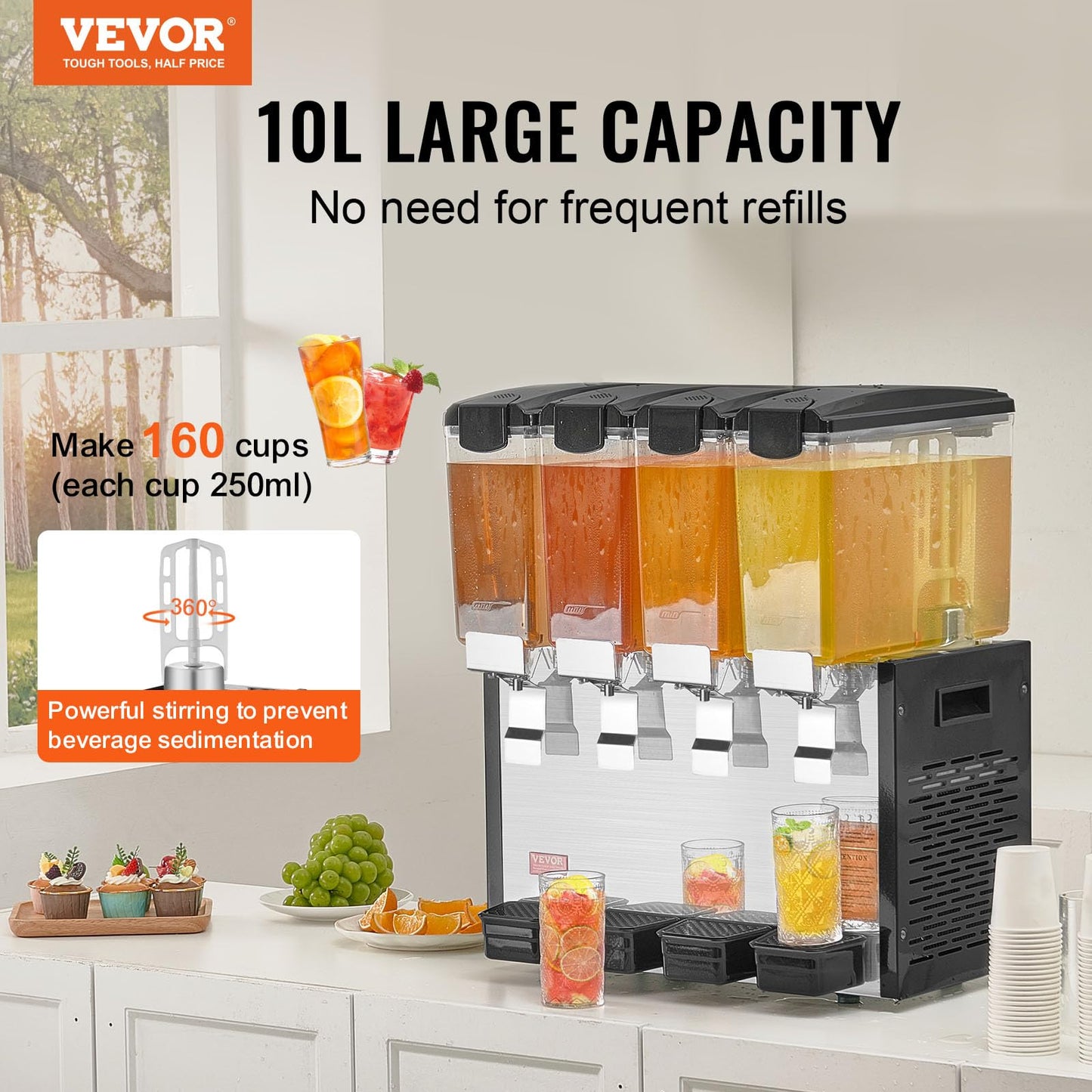 VEVOR Commercial Beverage Dispenser, 4 Tanks 10 L / 10.6 QT Per Tank Juice Dispenser, 430W Stainless Steel Ice Tea Drink Machine with 45°F-54°F Cooling Temperature, for Cold Drink Restaurant Bar Party