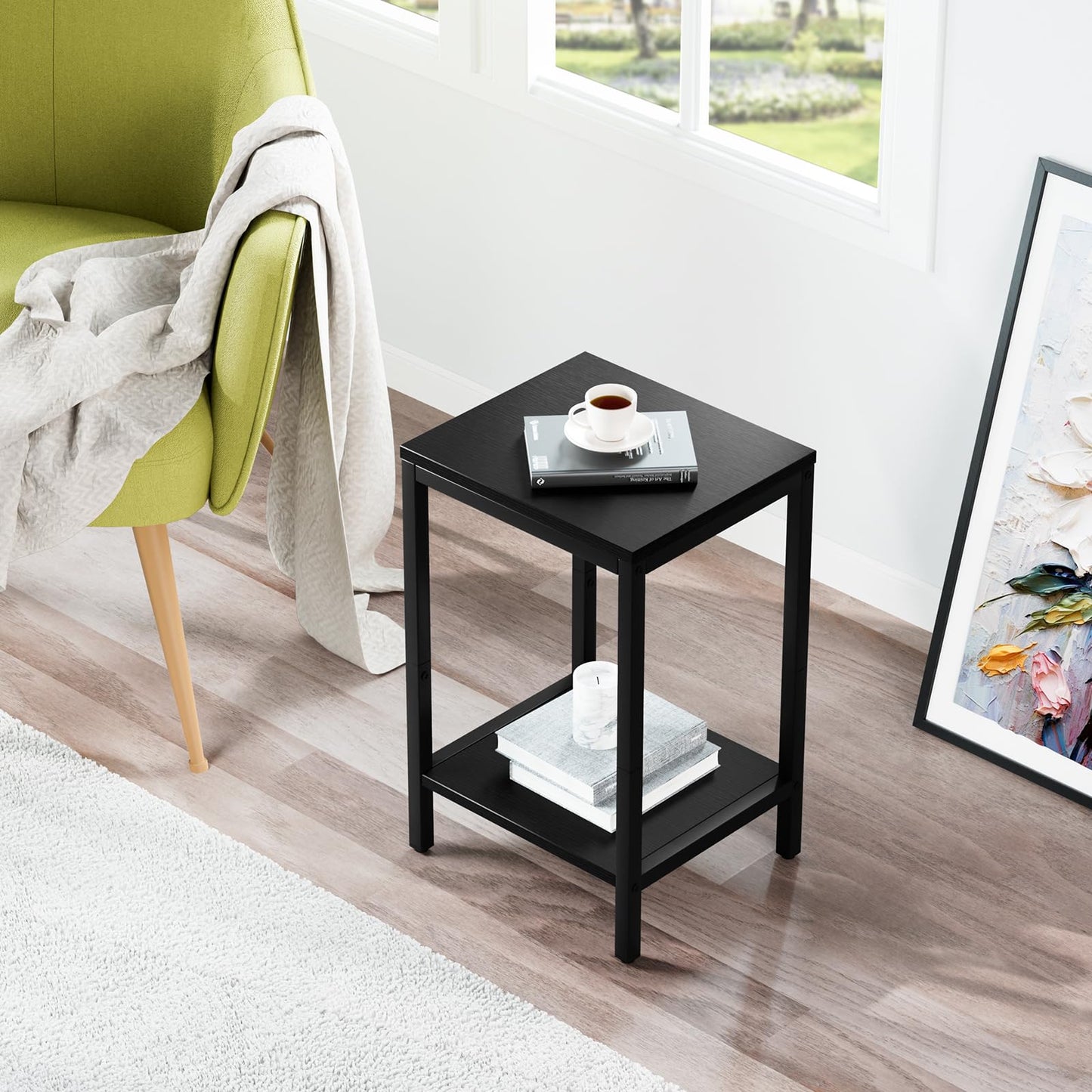 SAYGOER Black End Tables Small Side Table with Storage Wood Night Stand Metal Frames 2 Tier Bedside Table with Adjustable Feet, 1PCS, All Black