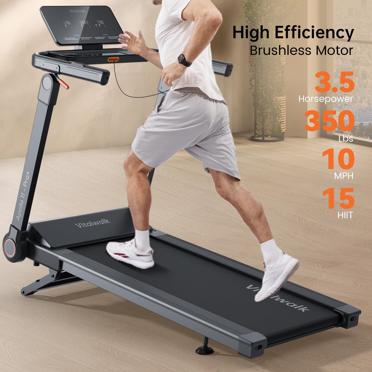 Vitalwalk Foldable Treadmill with Auto Incline, 48"x18" Wide Running Belt, 10MPH, 3.5HP Brushless, Walking Pad Treadmill for Home, Auto Folding, No Installation, 350LBS Capacity, APP, 15% Auto Incline