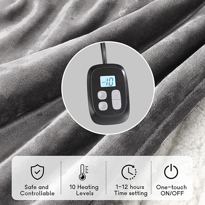 Heated Blanket Electric Blanket King Size 90''x100'' with 10 Heating Levels, 1-12 Hour Auto Shut Off, Machine Washable, Dual Controller Soft Warming Blanket for Couch, Bed, Office - Light Grey