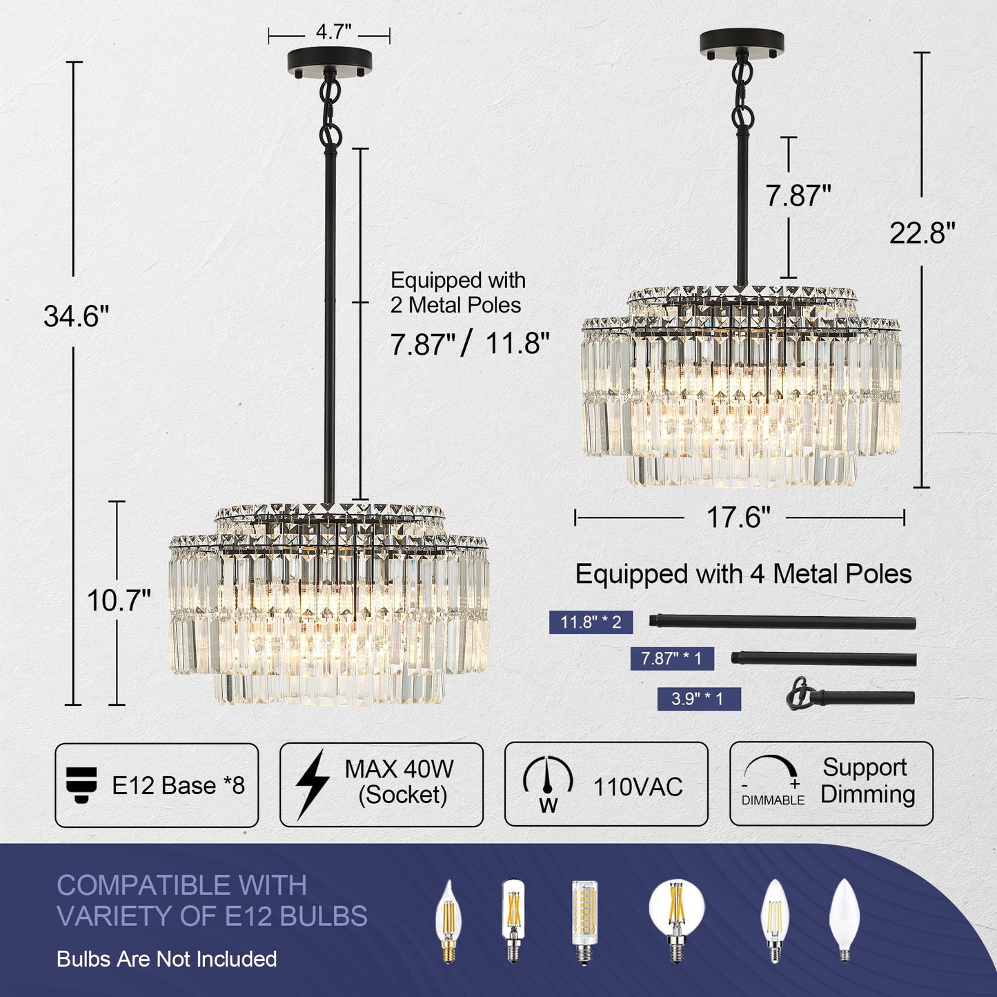 lighceac Modern 17.6“ Black Crystal Chandelier Ceiling Light Fixtures for Dining Room Luxury Glam 8-Light Crystal Chandeliers Lighting for Bedroom Entryway Hallway Living Room Kitchen Island Foyer