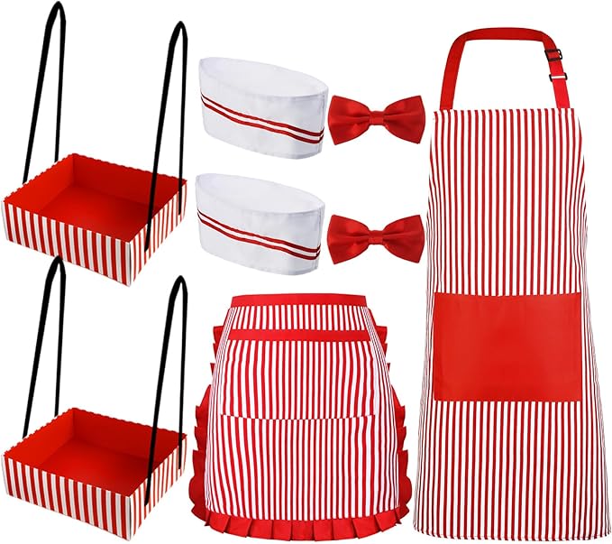 SATINIOR 8 Pcs Couple Waiter Costume Kit Circus Soda Jerk Popcorn Hot Dog Costume Apron Chef Hat Bow Ties Snack Tray for 1...
