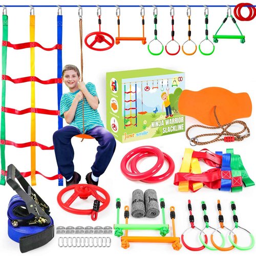 Ninja Warrior Obstacle Course for Kids Outside-Ninja Slackline 52ft with 11 Durable Obstacles-Climbing Net,Wheel, Warrior Gymnastics & Monkey Bars,Slack Lines for Backyard for Kids.