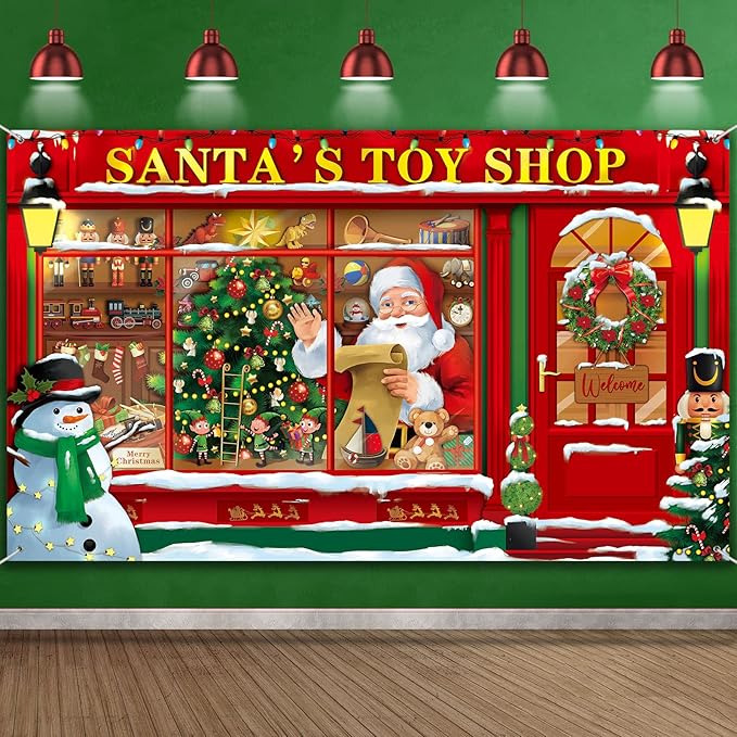 Christmas Backdrop Banner - Santa's Toy Shop Store Background for Holiday Party Photos, 72.8 x 43.3 Inches (Classic)