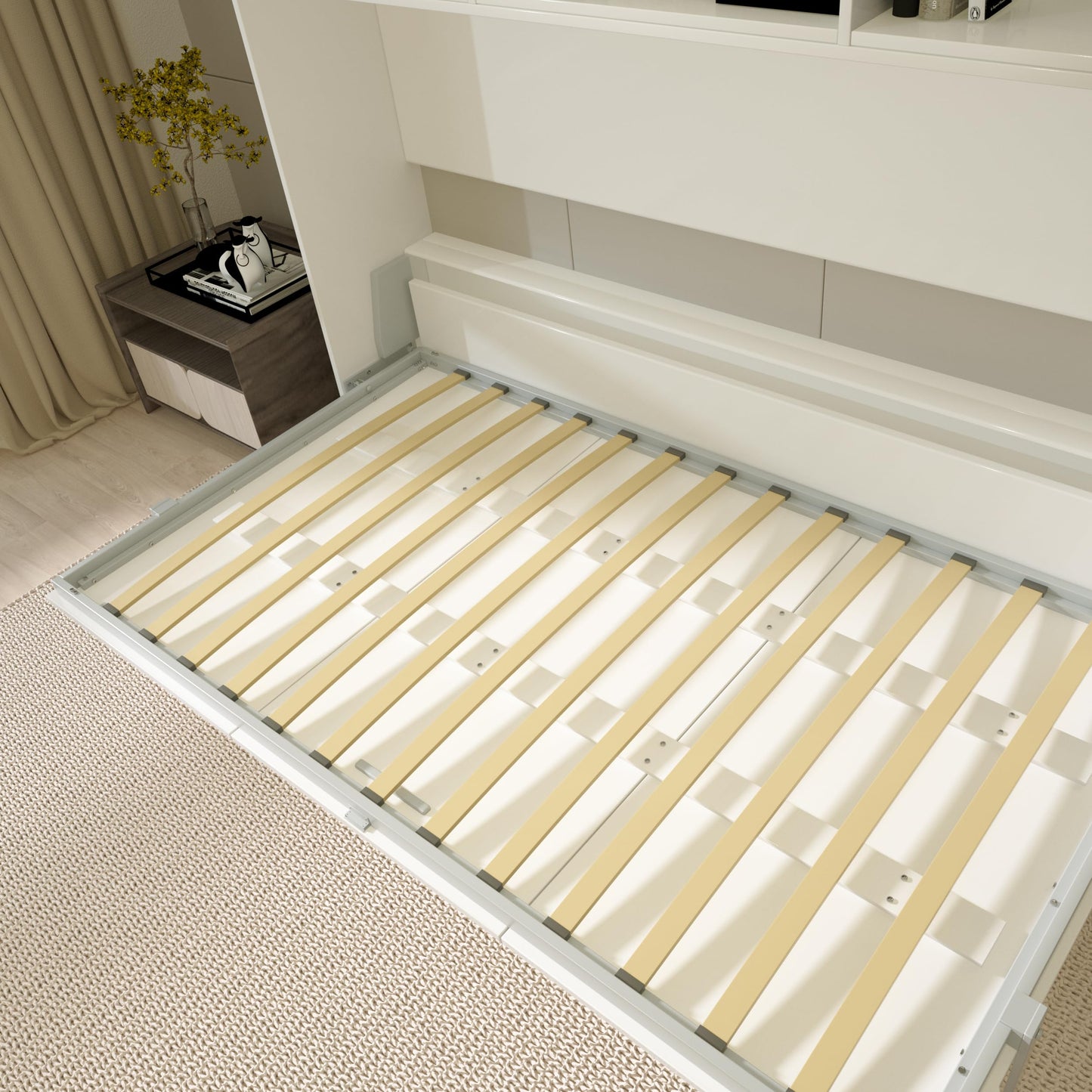 YOPTO Twin Size Horizontal Murphy Bed Chest with Double Layer Storage Shelf,Wood Hidden Cabinet Platform Bed W/Gas Struts,Space Saving,Wall Bed Frame for Bedroom,Guest Room,Apartment,White