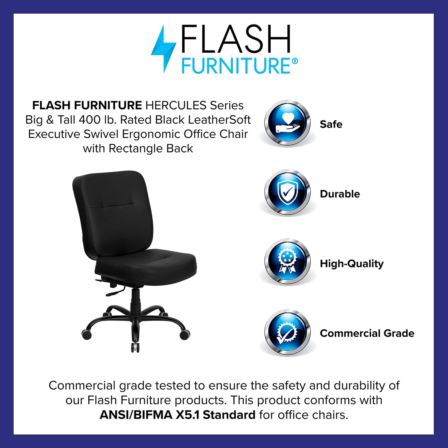 Flash Furniture HERCULES Series Big & Tall 400 lb. Rated Black LeatherSoft Executive Swivel Ergonomic Office Chair with Rectangle Back